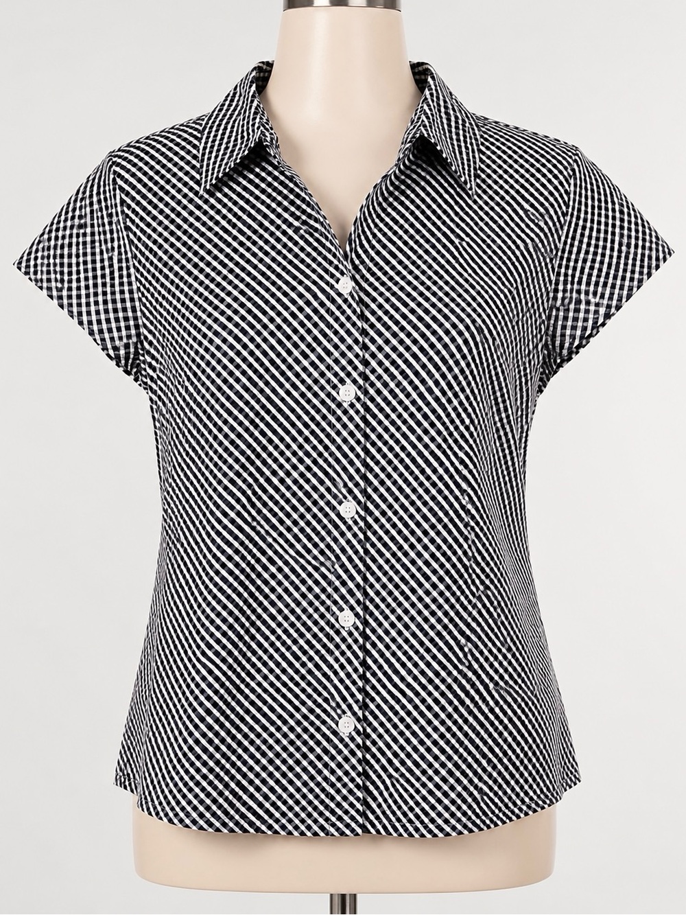 Ann Taylor Loft Black & White Gingham Plaid Check Button Front Blouse Size 10